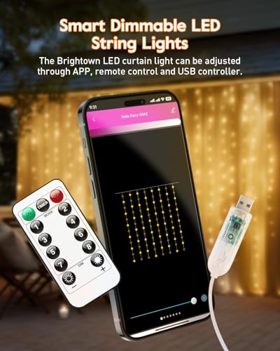 Brightown Smart Curtain Lights, USB Plug in, 9.8ft 300 LED Window Smart String Light with APP and Remote, 8 Modes, Waterpr...