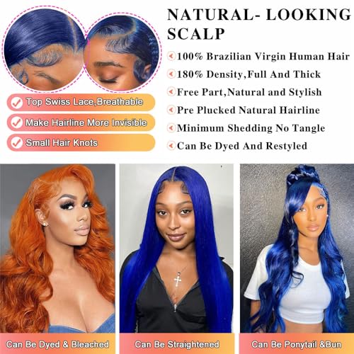 Blue Lace Front Wigs Human Hair Body Wave 13X4 HD Dark Blue Lace Front Wig Human Hair Wear and Go Glueless Navy Blue Wig Human Hair Pre plucked with Baby Hair Royal Blue Frontal Wigs For Black Women
