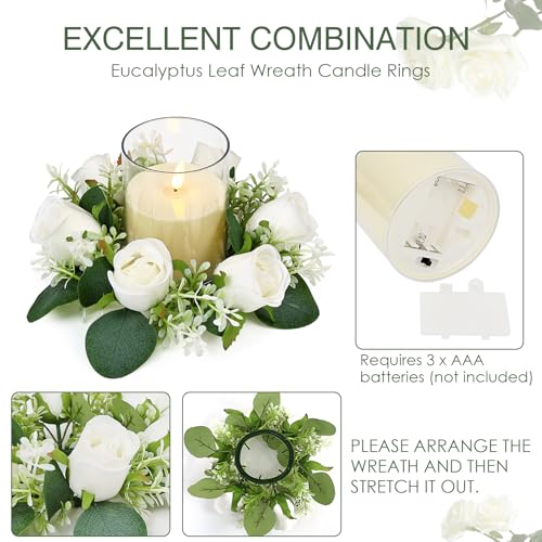 Acmee Pink Rose Candle Rings with Flameless Candles Sets - 12PCS Artificial Flower Eucalyptus Wedding Centerpiece 3 Inch P...