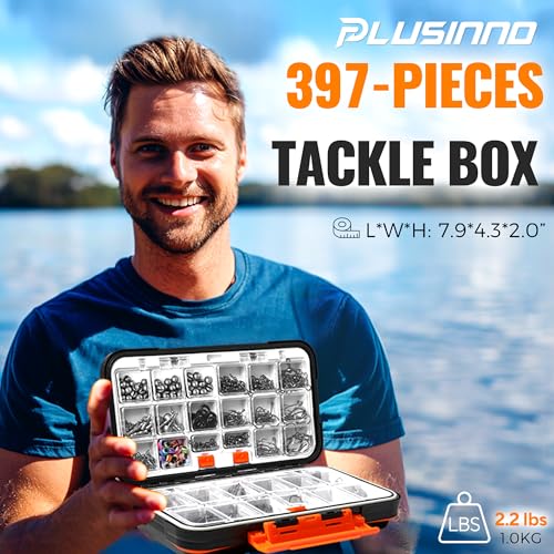 PLUSINNO 264/397pcs Fishing Accessories Kit, Organized Fishing Tackle Box with Tackle Included, Fishing Hooks, Fishing Wei...