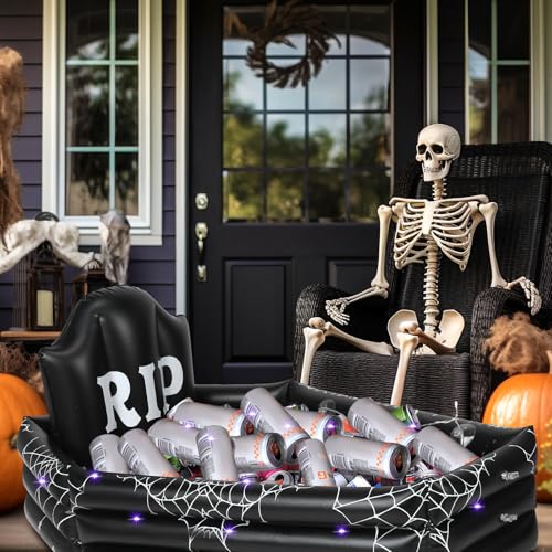 Tanlade 40 Inch Halloween Coffin Drink Cooler 120+cans Large Capacity with Suction Cup and String Light Inflatable Coffin ...
