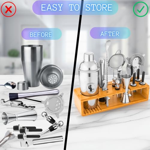 Cocktail Shaker Set Stand Only - Wooden Bartender Kit Stand - Bar Accessories Storage Holds Up to 15 Pcs - Bar Tools Set B...