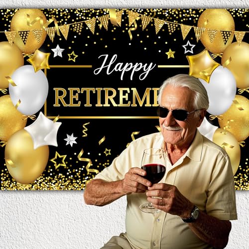 Art_Angels Retirement Background 7 x 5 ft Black and Gold Happy Retirement Backdrop Women Men Party Decorations Banner Phot...