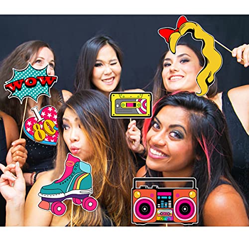 LUOEM 21pcs 80's Photo Booth Props Funny Birthday Party Photo Props with Wooden Sticks Creative Party Supplies, for 1980s ...