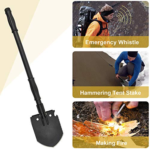 Survival Shovel, (28.3'') Camping Folding Shovel, Military Spade Multitool, Tactical Trench Tool, with Pickaxe, Compass, W...