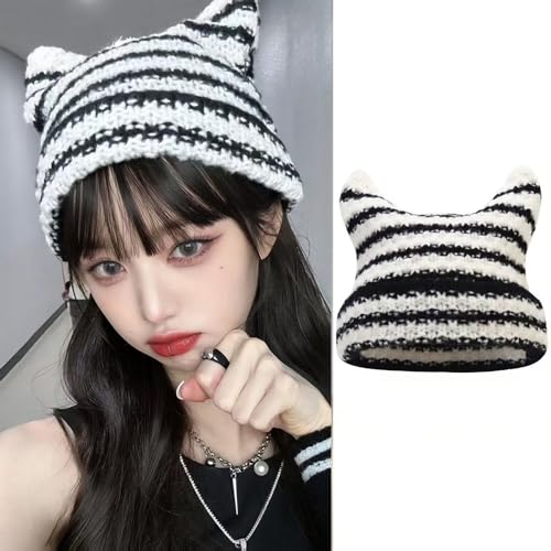 Women Beanie Warm Winter Hats Vintage Beanies Hat Cute Cat Ears Hats Winter Warm Knitted Stripe Accessories Slouchy Headgear