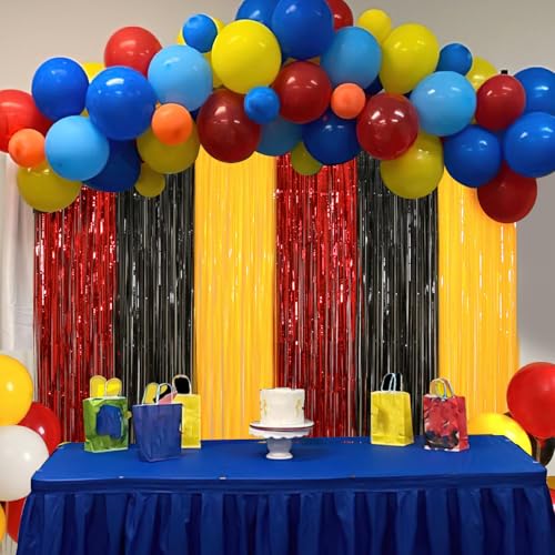 Cartoon Monster Birthday Party Decoration, 4 Pack Animation Themed Photo Booth Prop, Red Black Yellow Foil Fringe Curtains...