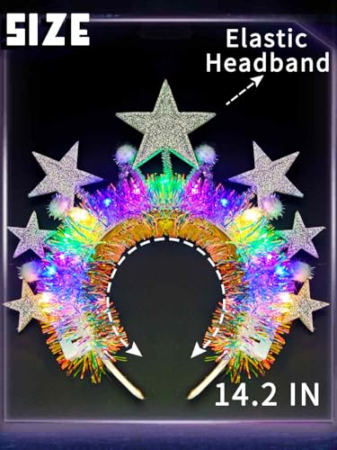 Yokawe Light Up LED Star Headband Silver Crown with Iridescent Tinsel,White Pom Pom, New Year, Christmas Party Costume Acc...