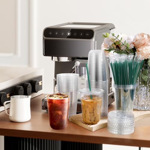 KesaPlan 50 Sets 16 oz Plastic Cups with Lids and Straws, Clear Disposable Iced Coffee Cups for Cold Drinks Juice Milkshak...
