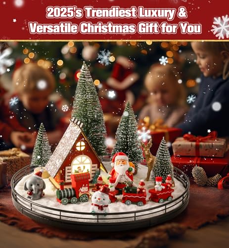 Oroyutor 12 Pcs Christmas Village Set - 13" Oak Wooden Lazy Susan with Santa Train, House & Trees – Indoor Christmas Cente...