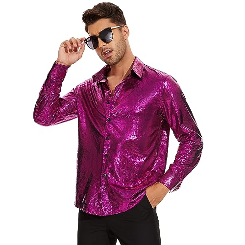 Zando Mens Disco Shirt Outfit Retro 70s Shirts for Men Sequin Glitter Long Sleeve Button Down Disco Outfits Party Costume