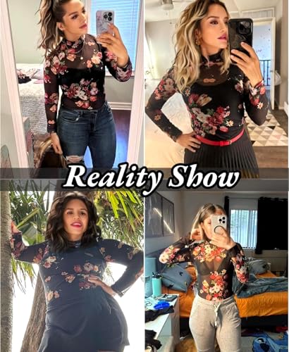 BemorRun Floral Mesh Long Sleeve Tops for Women Mock Neck See Through Fitted Sexy Going Out Top