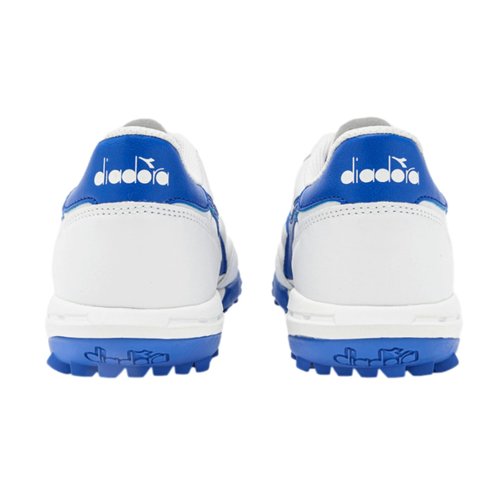 Diadora Calcetto LT Turf Soccer Shoes - Full Grain Leather, Enhanced Cushioning, Anti-Wear Rubber, Synthetic Turf, Optimal Traction and Stability, White/Blue, 9 UK