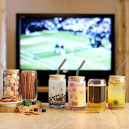 [ 12pcs Set ] Glass Cups with Bamboo Lids and Glass Straw - Beer Shaped Drinking Glasses, 16 oz Iced Coffee Glasses, Cute ...