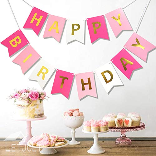 Roseo Pink Happy Birthday Banner Signs Golden Sparkle Funny Birthday Party Supplies for Girls Party Decorations Nursery De...