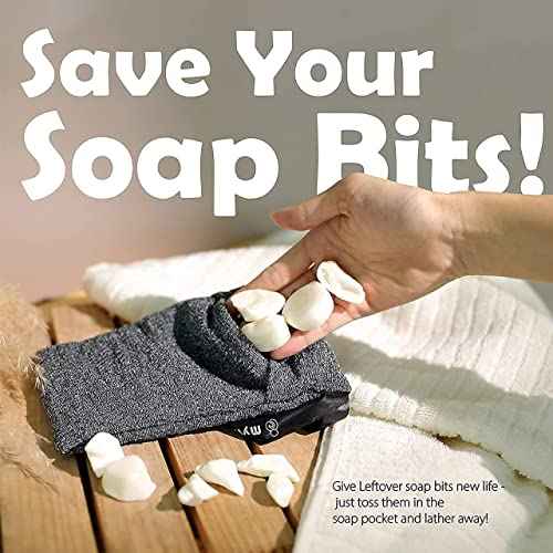 myHomeBody Soap Pocket Exfoliating Pouch, Body Scrubber Sponge, Exfoliator for Bath, Shower or Leftover Bits Saver, Graphite Gray, 2 Pack + 2 Lift Pads