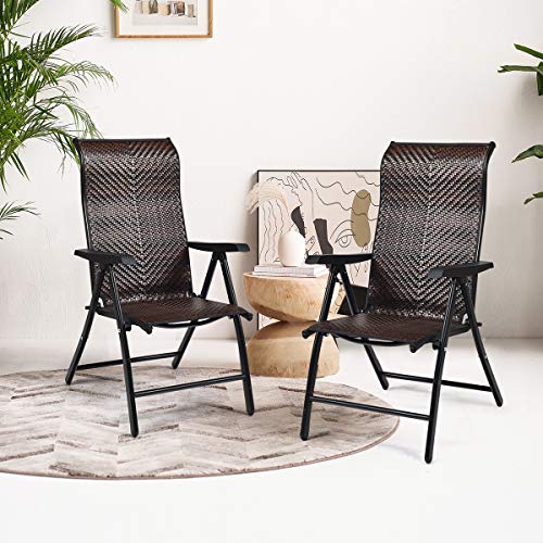 Tangkula 2 Piece Patio Rattan Folding Reclining Chair, Outdoor Wicker Portable Camping Chair with Widened Armrest, Foldabl...