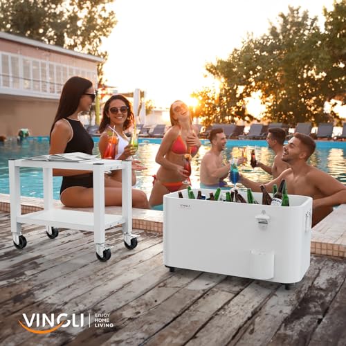 VINGLI Patio Cooler, Rolling Ice Chest on Wheels, Portable Patio Party Bar Drink Cooler Cart, with Shelf, Beverage Pool wi...