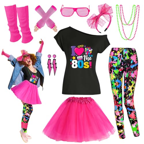 80s Outfit Women Costume Accessories Set T Shirt Shorts Tutu Skirt Neno Party Leg Warmers Headband