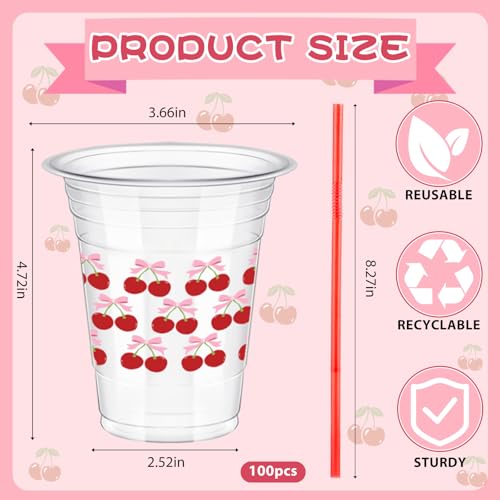 Yoiemivy 100 Pcs Cherry Disposable Plastic Cups with Straws 16 oz Cute Cherry Beverage Drinking Cups for Holiday Party Fav...