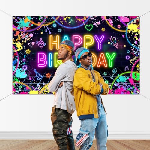 Mocsicka Neon Birthday Backdrop Banner Glow in The Dark Neon Birthday Party Decorations Glow Graffiti Splatter Photography...