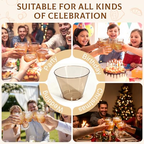 Glowserve 50 Pack Plastic Cups 9 oz Brown Clear Plastic Cups for Cocktail Fancy Disposable Cup for Party Stemless Wine Gla...
