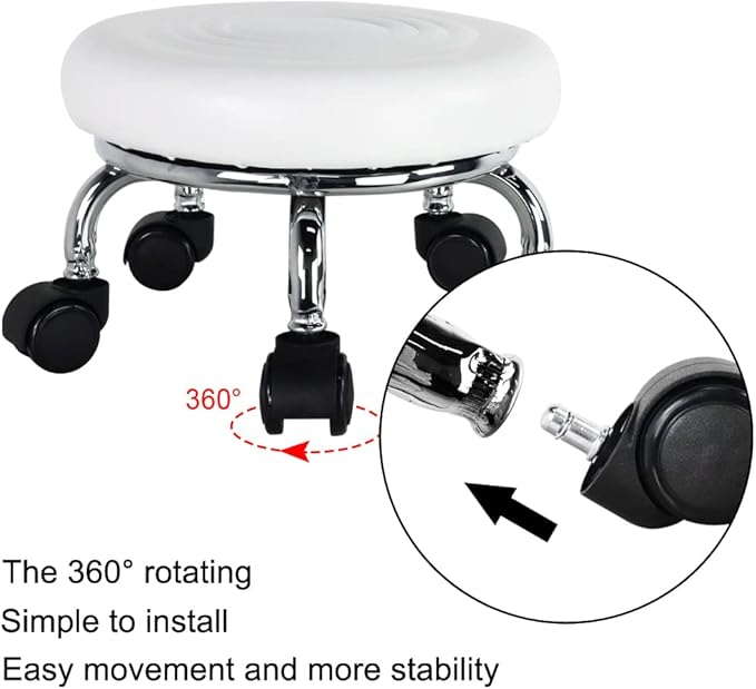WKWKER Modern Roller Seat PU Leather Foot Stool Low Round Rolling Stool 360° Step Stool Swivel Small Seat with Universal Wheels for Home Office Garage Shop Fitness Sport H：8.4" （White）