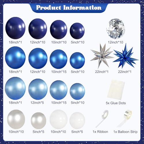 Blue White Silver Balloon Garland Arch Kit, 140Pcs Navy Light Metallic Blue Silver White Confetti Balloons With Stars for ...
