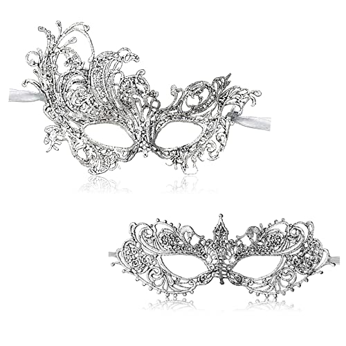 FunMular 2pcs Masquerade Mask for Women Venetian Carnival Mardi Gras Lace Masks For Women & Couples Halloween Party Decor