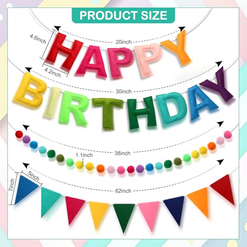 Pre-Strung Happy Birthday Banner, Felt Ball Garland HAPPY BIRTHDAY Garland, Rainbow Decorations Decor Party Pennant, Multi...