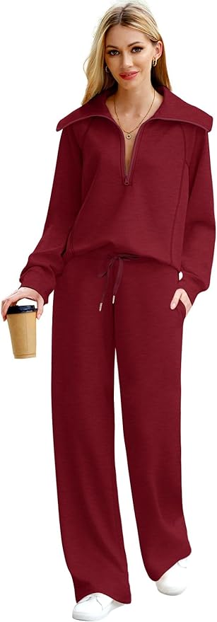 XIEERDUO Lounge Sets For Women 2025 Half Zip Sweatshirt And Wide Leg Sweatpant 2 Piece Outfits Sweatsuit Tracksuit