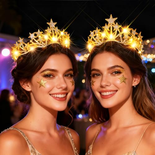 Urieo Light up Star Crown LED Crystal Tiara Headband Birthday Prom Hair Accessories for Women