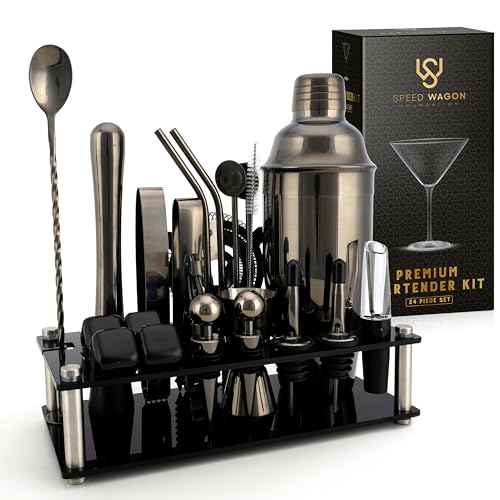Mixology Bartender Kit – 24 Piece Gun Metal Cocktail Shaker Set w/Stand – Essential Home Bar Accessories Martini Shaker, J...