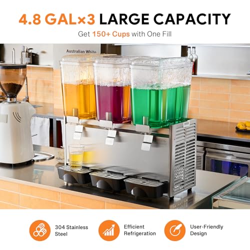 WILPREP Commercial Beverage Dispenser, 18L x 3 Tanks 14.4 Gallon Refrigerated Juice Dispenser with Thermostat Controller, ...