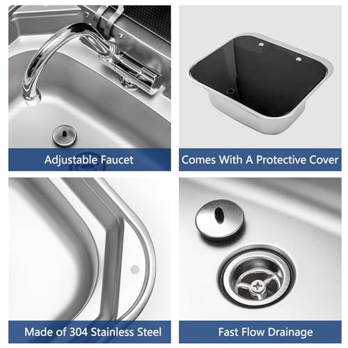 GZOII Portable RV Sink, 16.54×14.57×5.91 Inch Small Stainless Steel Bar Camping Sink with Folde Faucet and Tempered Glass ...