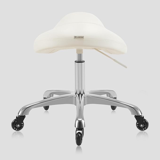 Heavy-Duty Ergonomic Pneumatic Swivel Rolling Saddle Stool with Extra Wide Seat for Hygienic Clinic Spa Massage Home and Office - 505 KIMO (Vanilla)