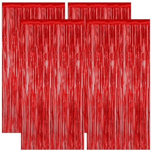 4 Pack Red Backdrop, 3.28 FT x 7.05 FT Party Streamer, Valentines Day Metallic Birthday Tinsel Backdrop Foil Fringe Curtai...