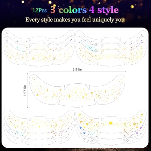 HyperFun 12Pcs Face Glitter Freckles, Face Glitter Fake Freckles Sticker, Gold Sliver Holographic Multichrome Waterproof S...