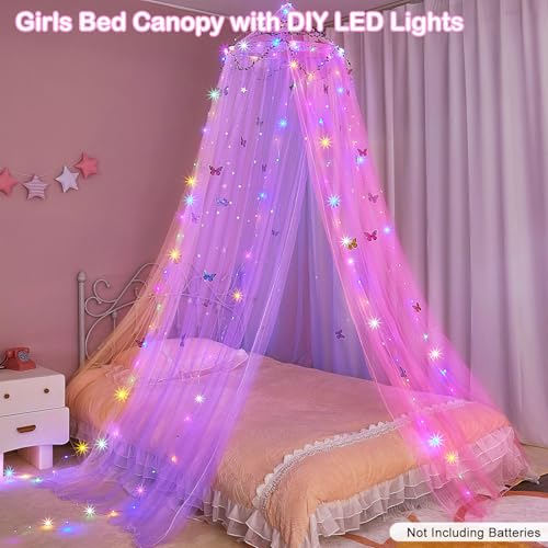 FIOBEE Bed Canopy for Girls Room Bed Canopy Curtains with Led Lights Mosquito Net DIY Princess Room Décor with Stars Butte...