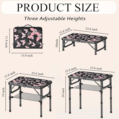 YihuiKo Small Camping Table, Vintage French Butterflies Pattern Folding Table, Adjustable Height, Lightweight & Portable O...
