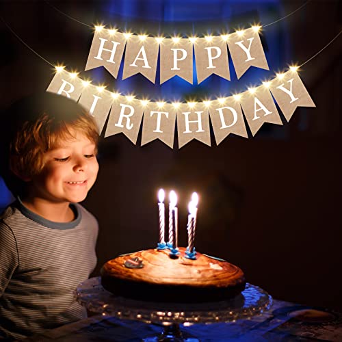 Breling 2 Pieces Burlap Happy Birthday Banner Flags Decor and 2 Pieces Mini LED Fairy Lights Battery Rustic Banner Garland...