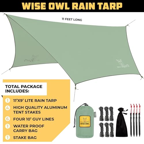 Wise Owl Outfitters Hammock Rain Fly – Waterproof Camping Tarp Cover with Tent Stakes & Carry Bag, Ultralight Shelter for ...