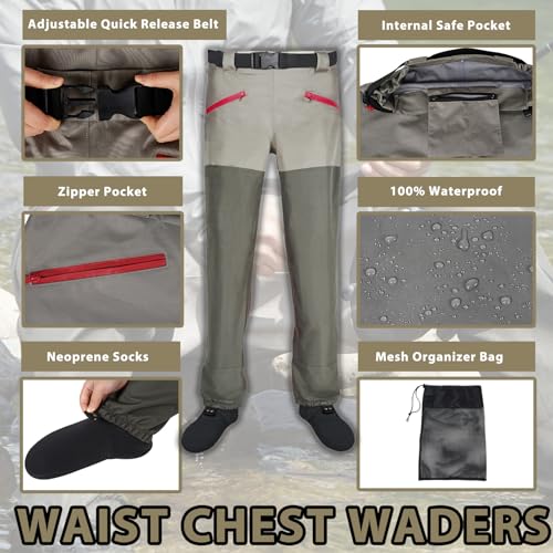 JUSTOOP Waist Wader Pants for Men and Women, 3-Ply Breathable Waterproof Fishing Waders with Pockets and Durable Stockingfoot