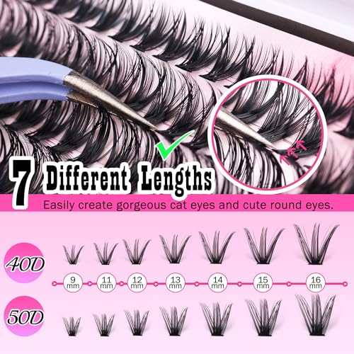 FANXITON DIY Individual Eyelash Extension Kit, Thick Volume Lash Clusters 40D+50D D Curvature, 280 Pieces Thin Band Cluste...