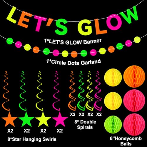 Neon Party Supplies includes Let's Glow Banner Star Hanging Swirls Circle Dot Garland Glow in The Dark Party Hanging Decor...