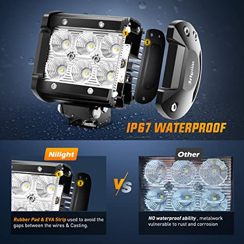Nilight 4 Inch LED Light Pods 2PCS 18W Flood Fog Light Bar with 12V 5Pin Rocker Switch TE Connector Wiring Harness Kit-2 L...