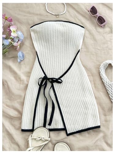 MakeMeChic Women's Knitted Strapless Sweater Dress Wrap Tie Front Party Mini Tube Dresses