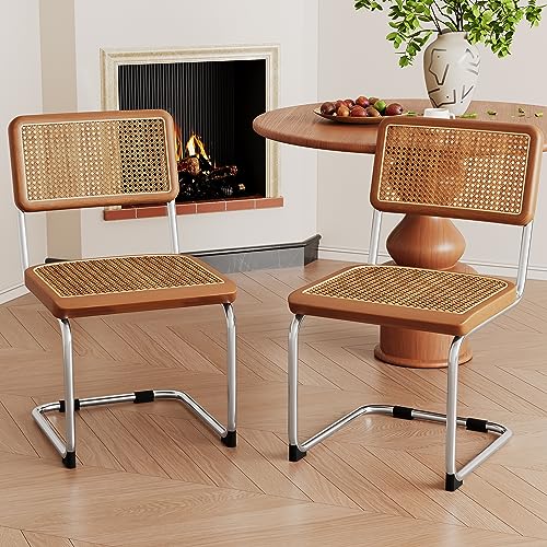 Alunaune Modern Mid Century Dining Chairs Set of 2, Upholstered Natural Rattan Kitchen Chairs Accent Chair, Armless Side C...