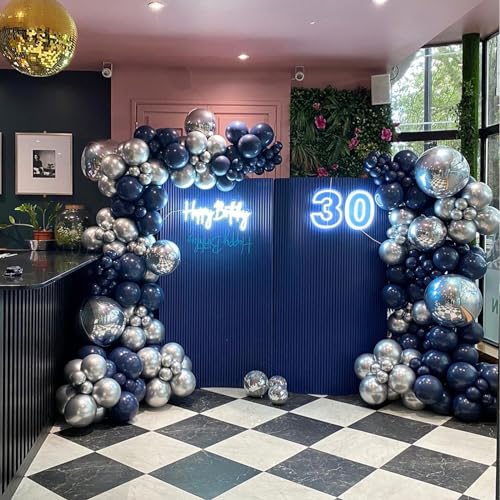 Blue and Silver Balloons Arch Garland Kit, 134pcs Navy Blue and Silver Balloons with Different Size for Birthday Party Bab...