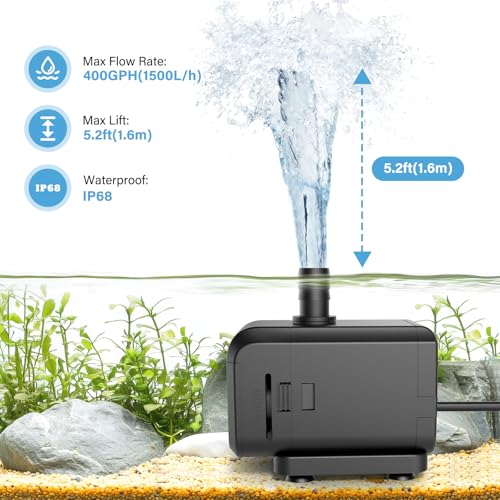 AQQA Submersible Aquarium Water Pump, Fountain Pump with Adjustable Flow,Dual-Suction Side/Bottom Intake,Ultra-Quiet Therm...